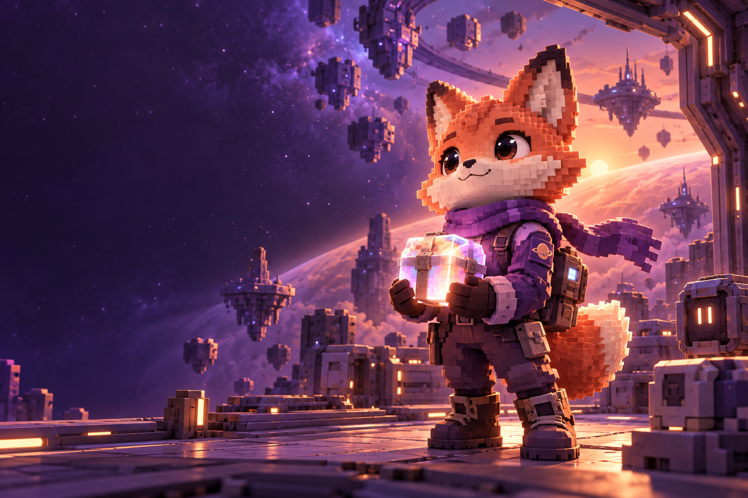 Orbit, a voxel fox courier holding a glowing parcel in an orbital workshop